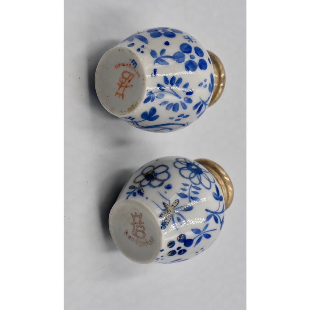 Rare Meissen Blue Porcelain Salt & Pepper Hand Painted Sterling Silver Lids - Picture 6 of 13